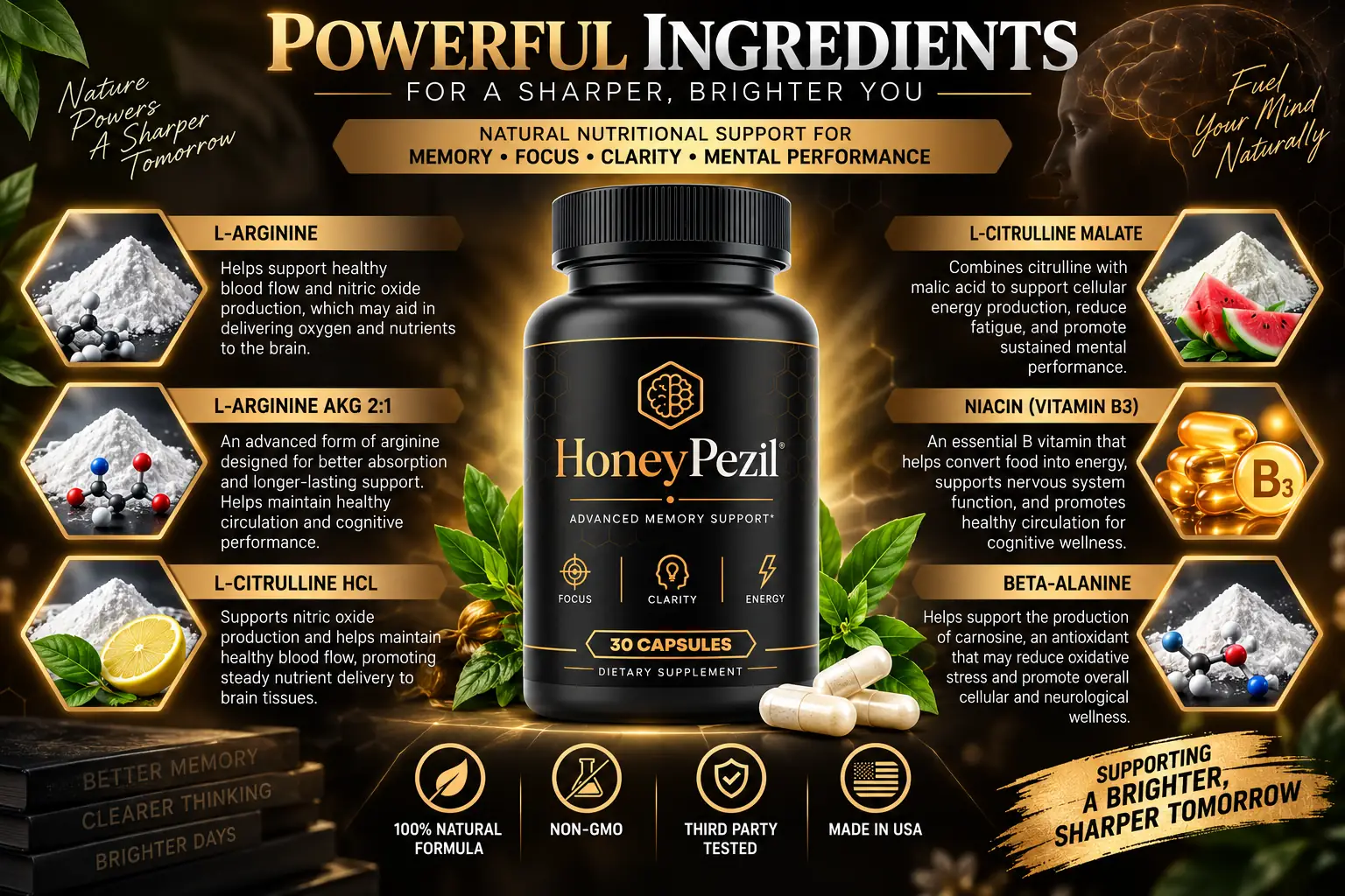 HoneyPezil ingredient overview showing L-Arginine, L-Arginine AKG, L-Citrulline HCl, L-Citrulline Malate, Niacin and Beta-Alanine